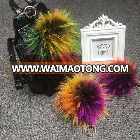 Fancy multi-color raccoon fur pom pom rainbow fur ball bag charm